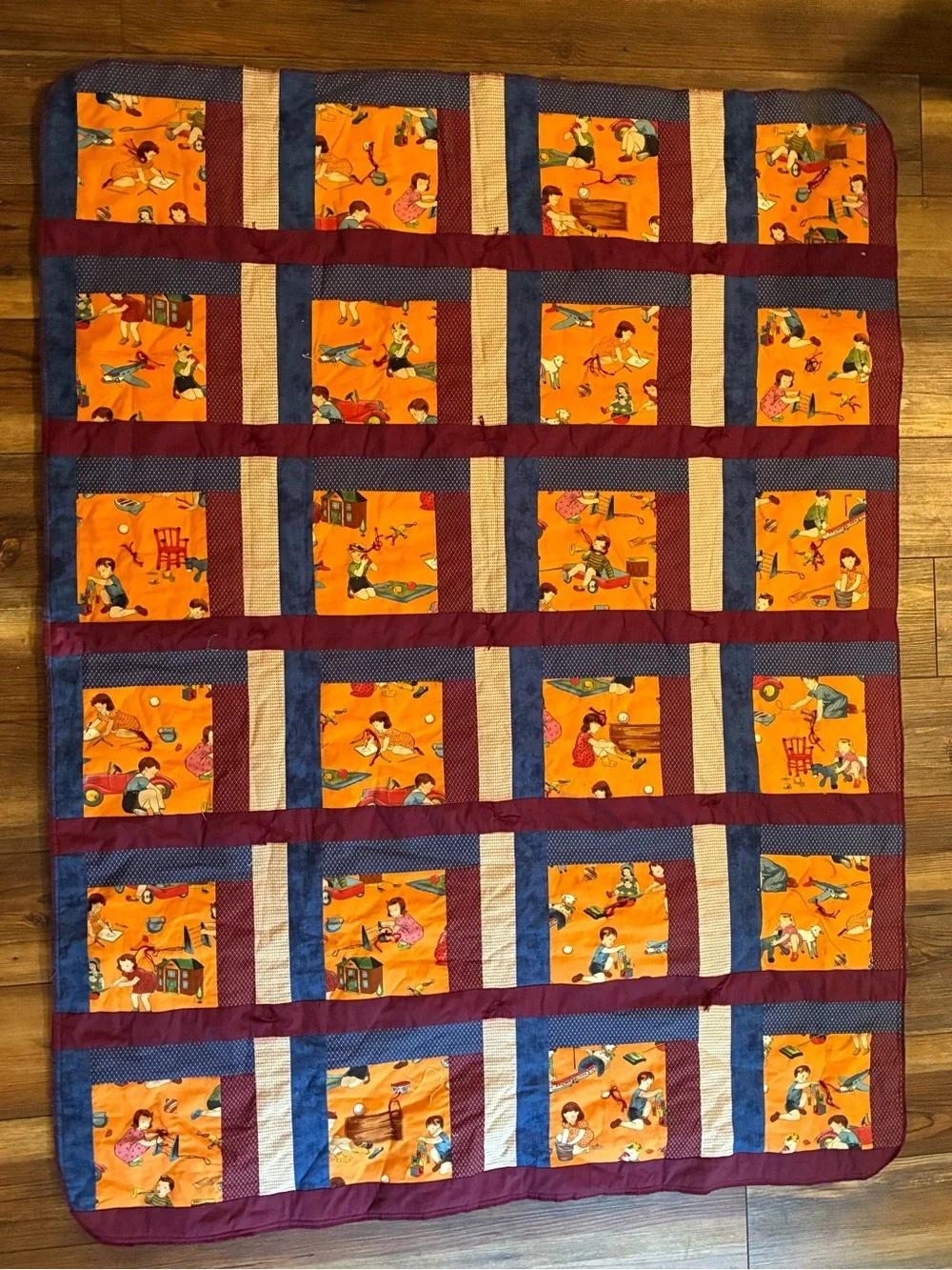 Vintage Handmade Patchwork Tied Quilt Kids Novelty Print 53x40